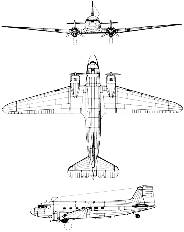 Plan 3 vues du Lisunov Li-2 ‘Cab’