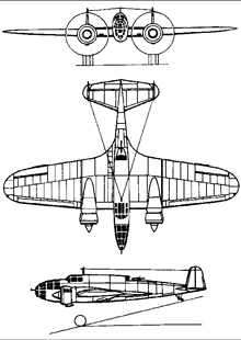 Plan 3 vues du P.Z.L. P.37 Łoś