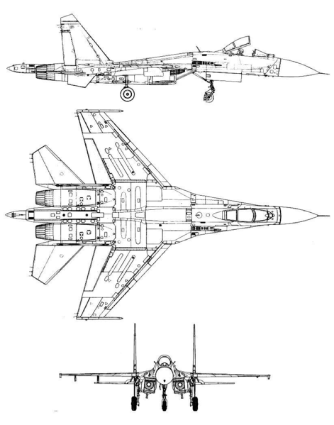 Plan 3 vues du Shenyang J-11 / J-16 ‘Flanker B+/G+’