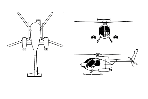 Plan 3 vues du McDonnell-Douglas MD 500 Defender