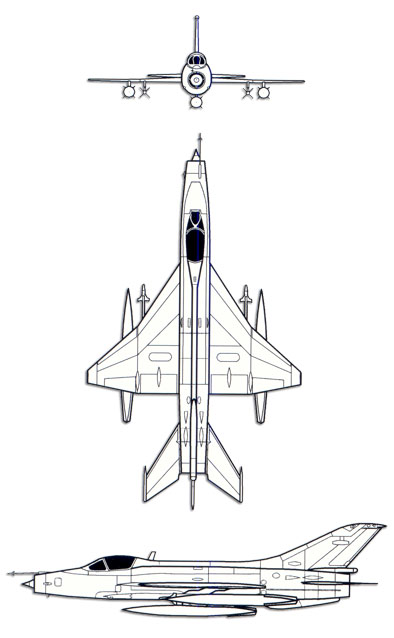 Plan 3 vues du Chengdu J-7 ‘Fishcan’