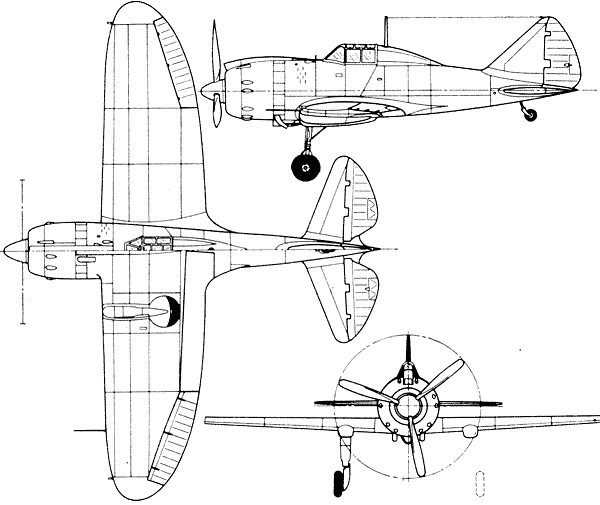 Plan 3 vues du Reggiane Re.2002 Ariete