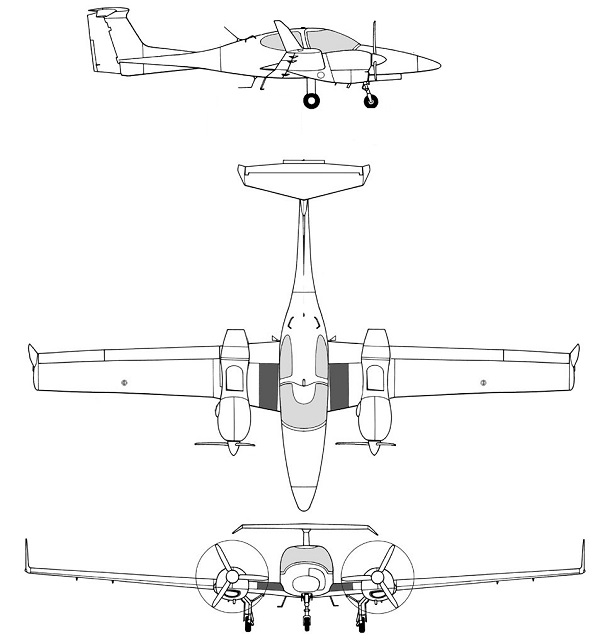 Plan 3 vues du Diamond DA42 Twin Star