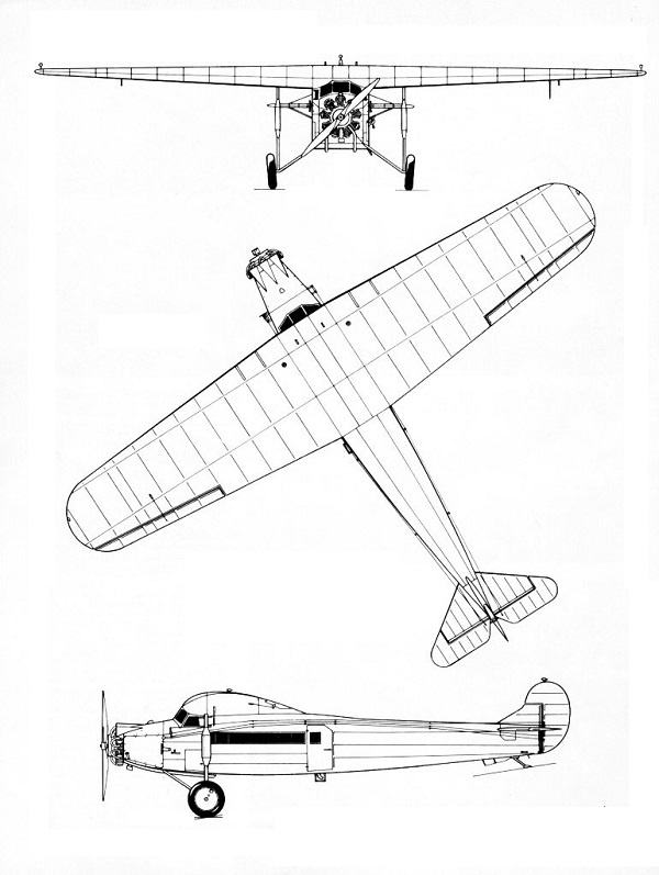 Plan 3 vues du Fokker F.VII