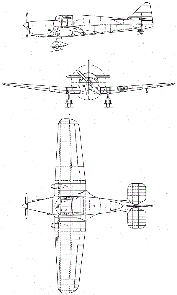 Plan 3 vues du Miles M.16 Mentor
