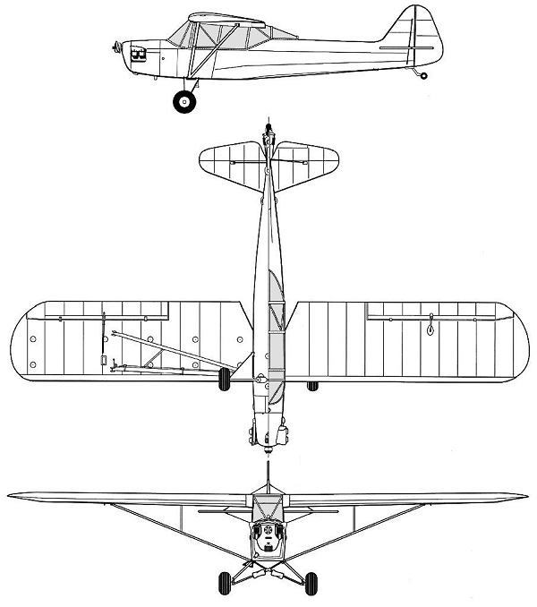 Plan 3 vues du Taylorcraft L-2 Grasshopper