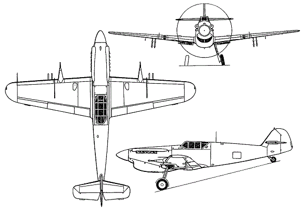 Plan 3 vues du Hispano HA-1112 Buchon