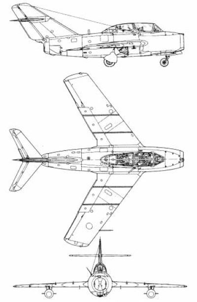 Plan 3 vues du Mikoyan-Gurevich MiG-15UTI ‘Midget’