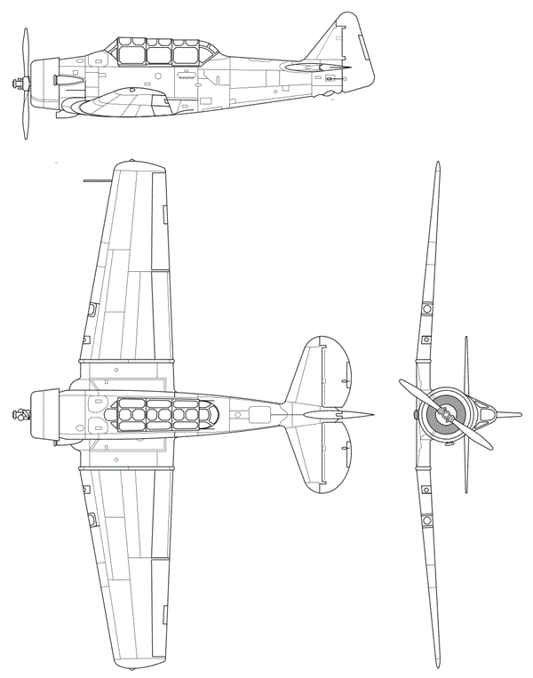Plan 3 vues du North American SNJ Texan