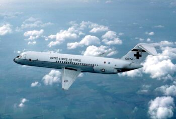 The C-9 is a twin-engine, T-tailed, medium-range, swept-wing jet aircraft used primarily for Air Mobility Command's aeromedical evacuation mission. The Nightingale is a modified version of the McDonnell Douglas Aircraft Corporation's DC-9. It is the only aircraft in the inventory specifically designed for the movement of litter and ambulatory patients. The C-9A's airlift capability to carry 40 litter patients, 40 ambulatory and four litter patients, or various combinations thereof, provides the flexibility for Air Mobility Command's worldwide aeromedical evacuation role. A hydraulically operated folding ramp allows efficient loading and unloading of litter patients and special medical equipment. (U.S. Air Force Photo)
