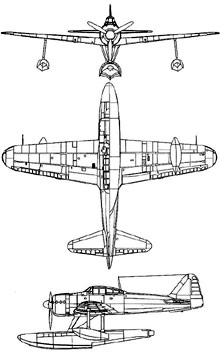 Plan 3 vues du Nakajima A6M2-N  ‘Rufe’