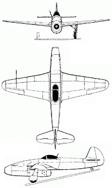 Plan 3 vues du Yakovlev Yak-15 ‘Feather’